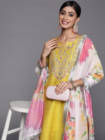 Varanga Yellow Embroidered Kurta With Tonal Bottam And Contrast Printed Dupatta